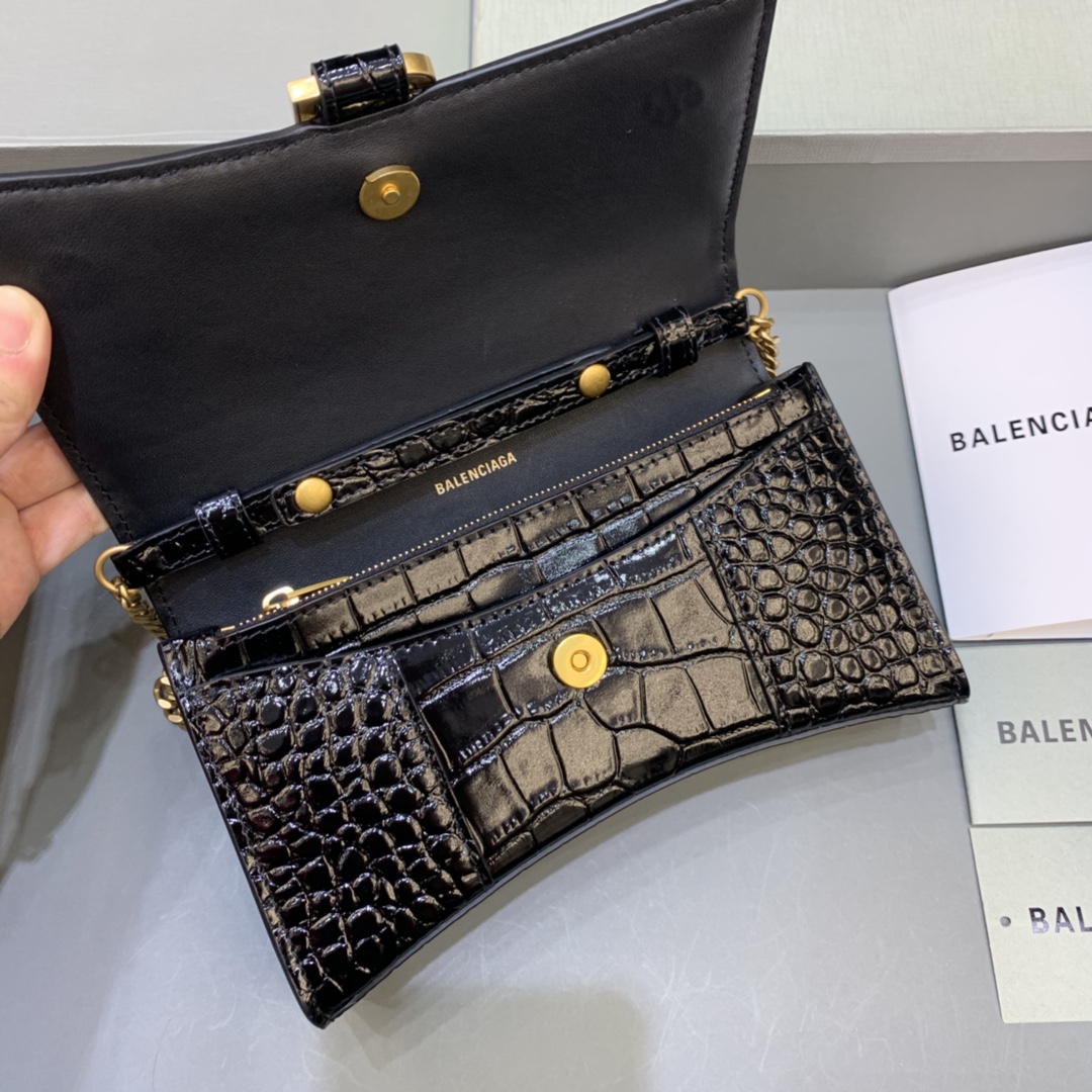 Balenciaga Small Hourglass Wallet With Chain Crocodile Embossed Shoulder Bag Black